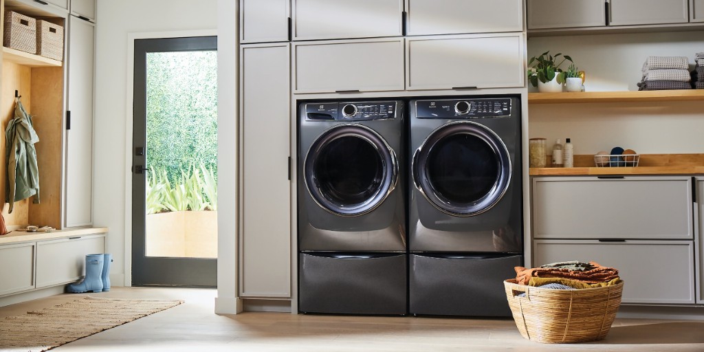 GE laundry pair in a modern laundry room