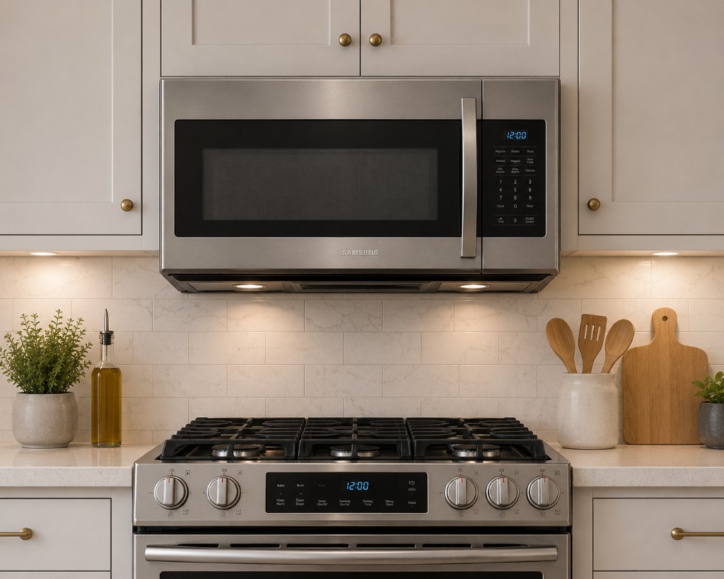 Over-the-range microwave and ventilation in a modern kitchen