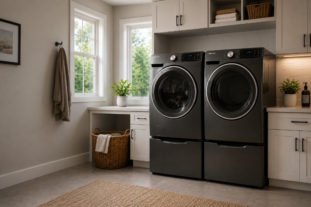 Front-load washer and dryer pair in a modern laundry room